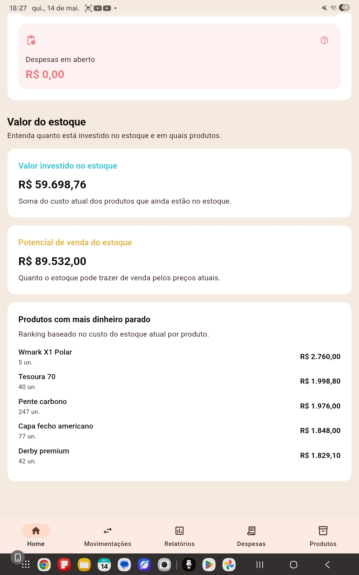 Seção de valor do estoque com cards de resumo e ranking de produtos com mais dinheiro parado.