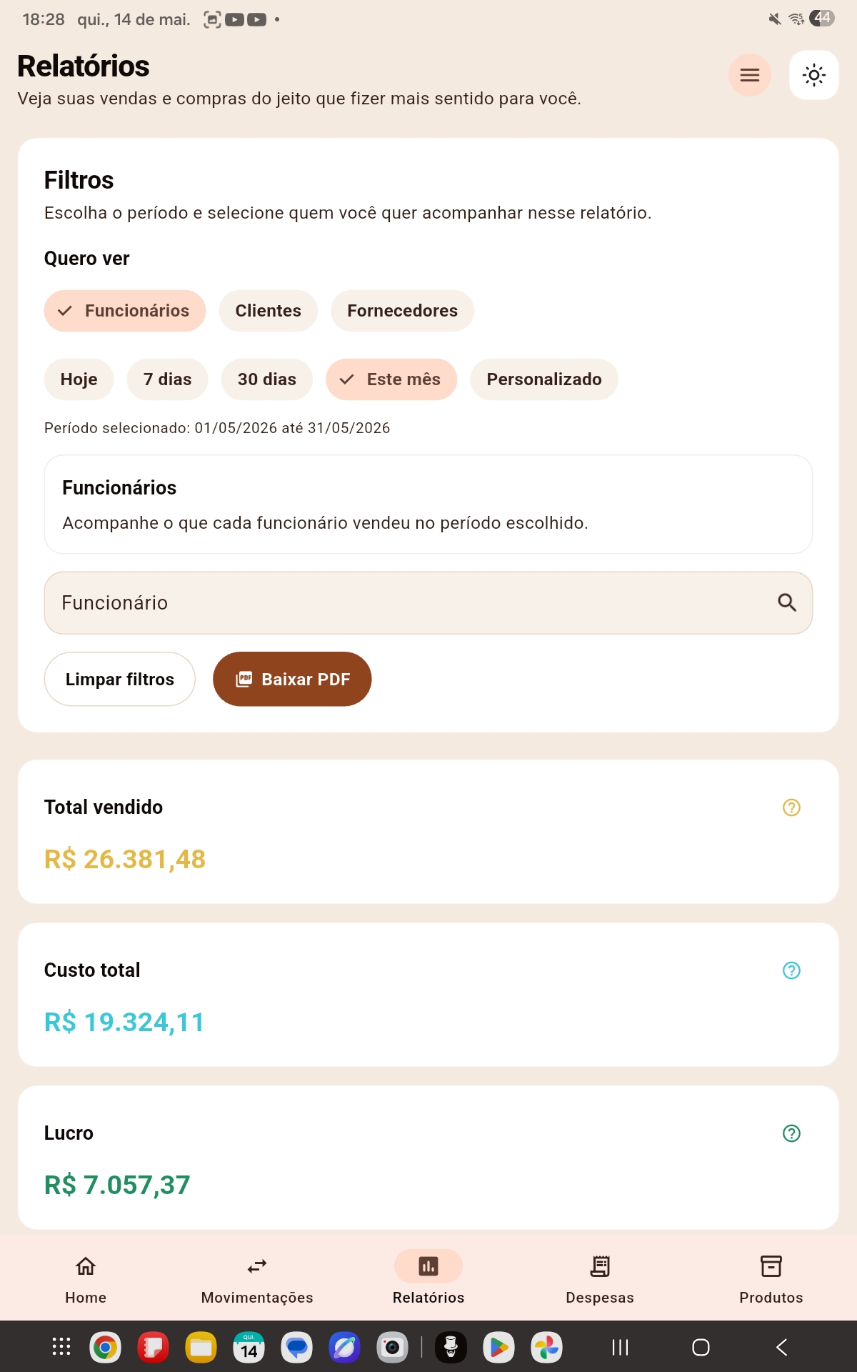 Tela de relatórios com filtros por perfil e período, campo de busca e botão para baixar PDF.