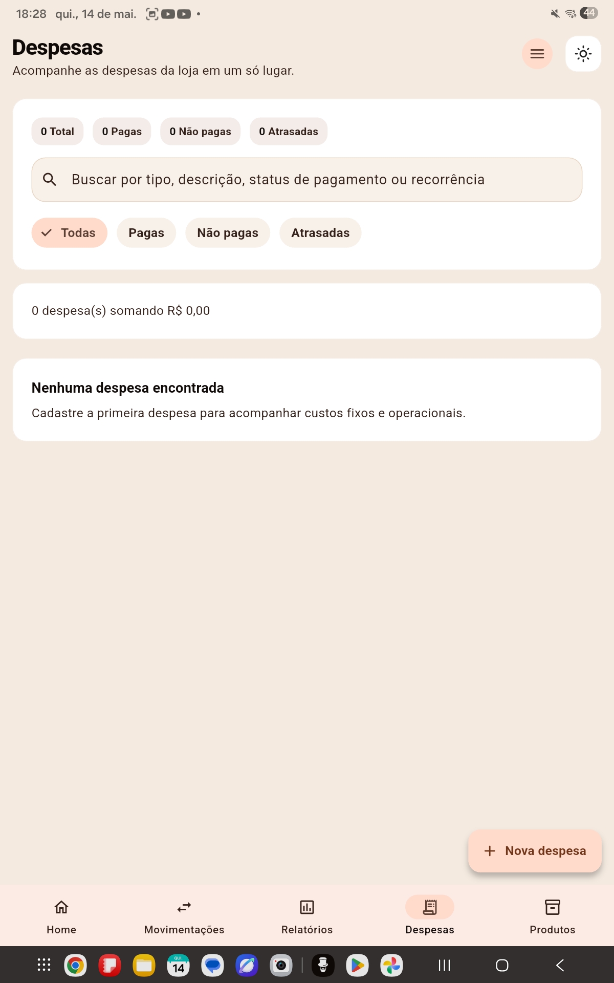 Tela de despesas com filtros por status, campo de busca, resumo de valores e estado vazio para novas despesas.
