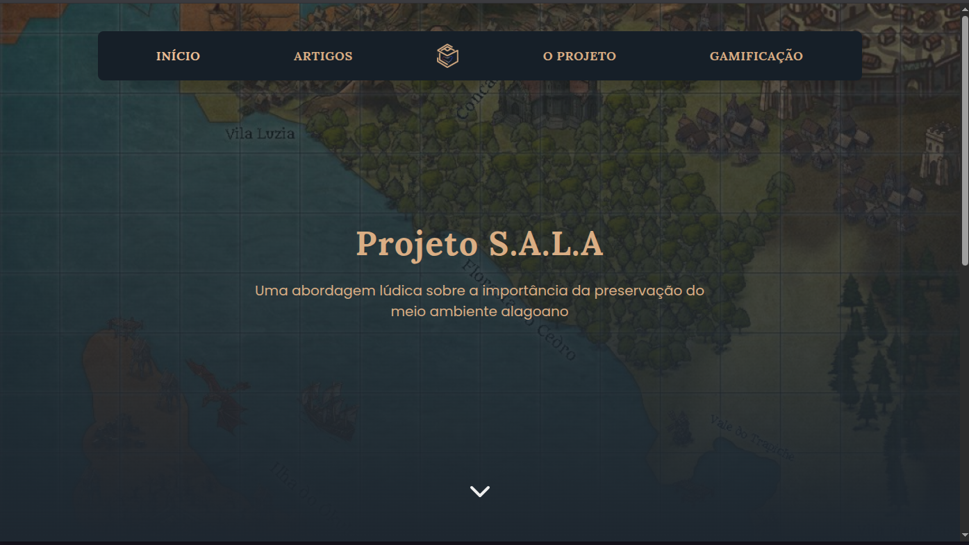 Tela inicial do website do Projeto S.A.L.A com mapa ilustrado ao fundo e navegação principal.