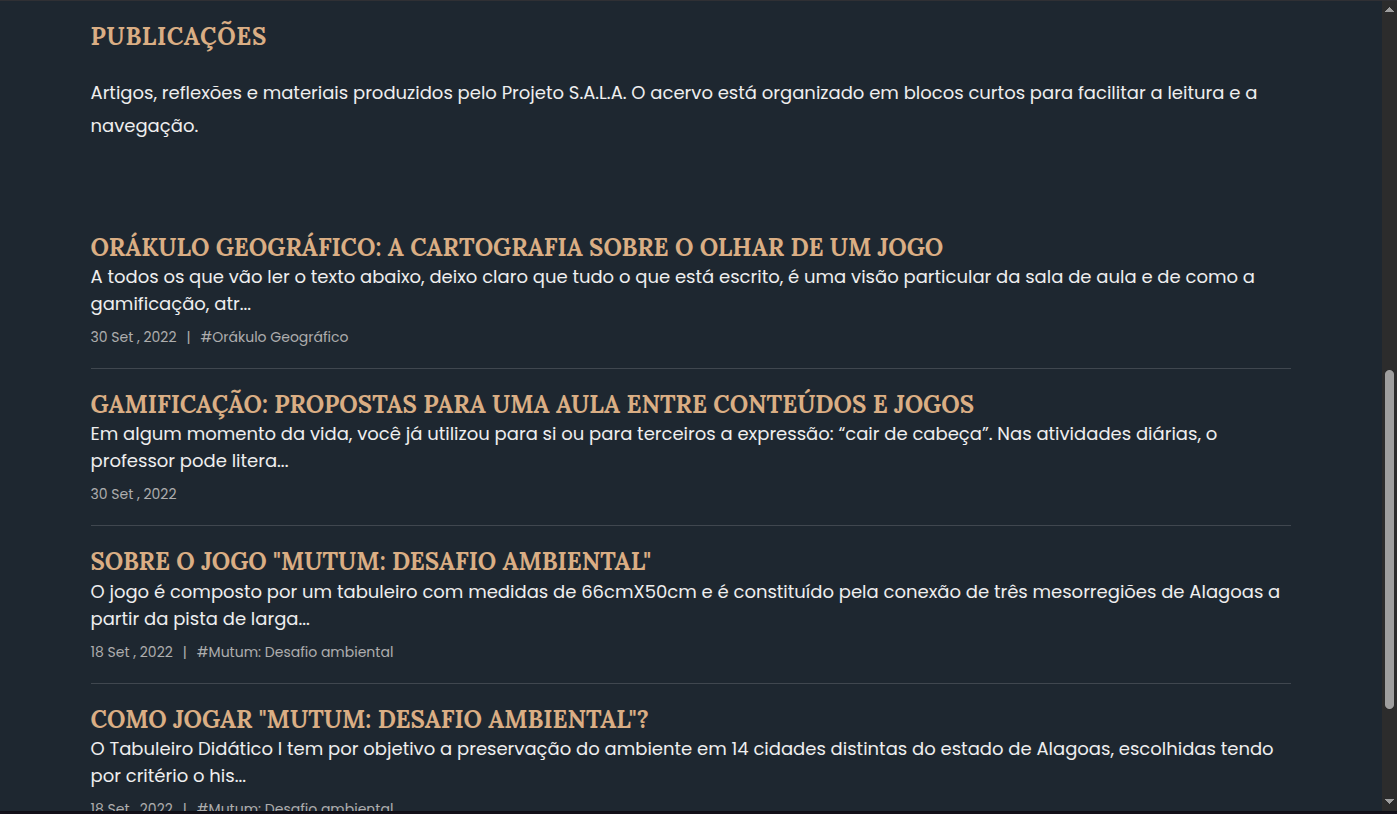 Página de publicações com lista de artigos do Projeto S.A.L.A.
