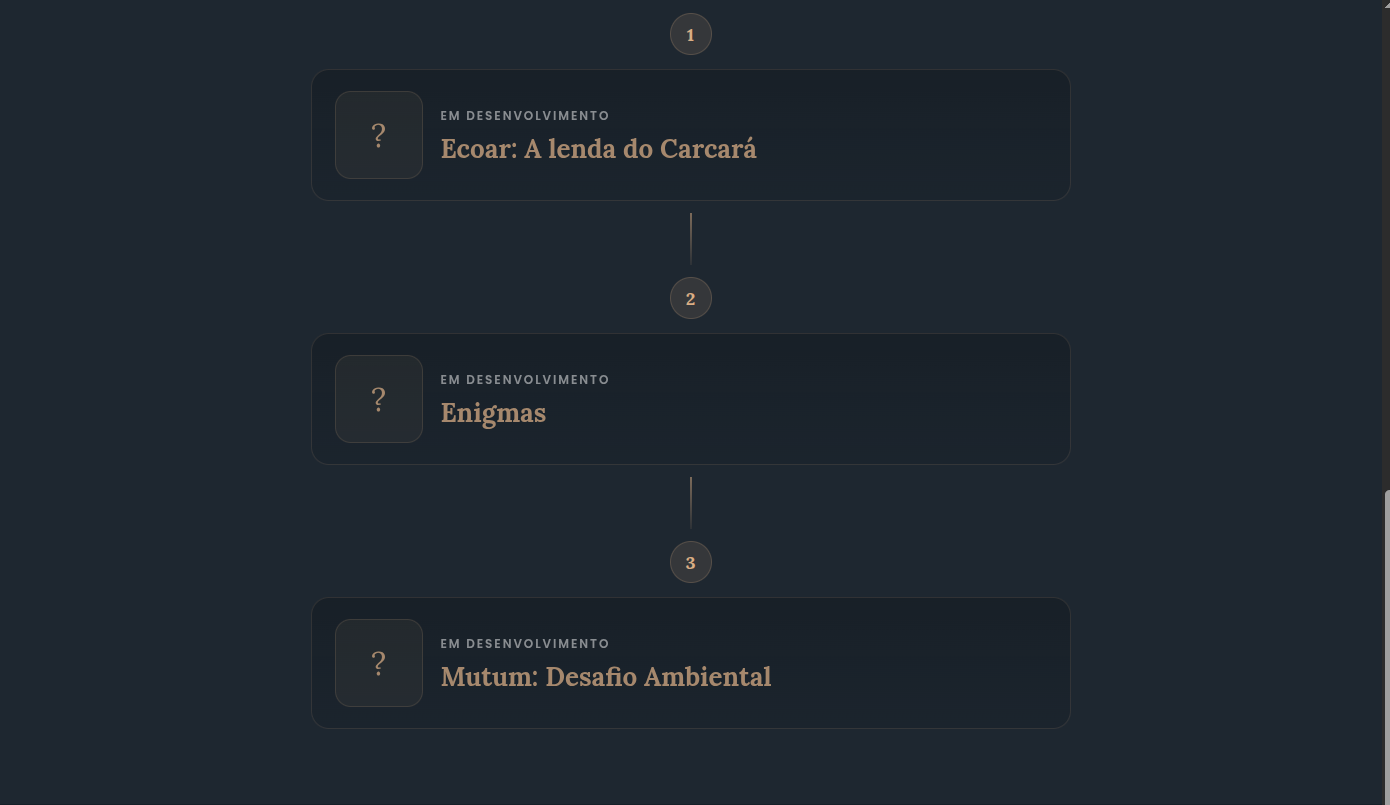 Página de gamificação com cards em linha do tempo para apresentar jogos e experiências do projeto.